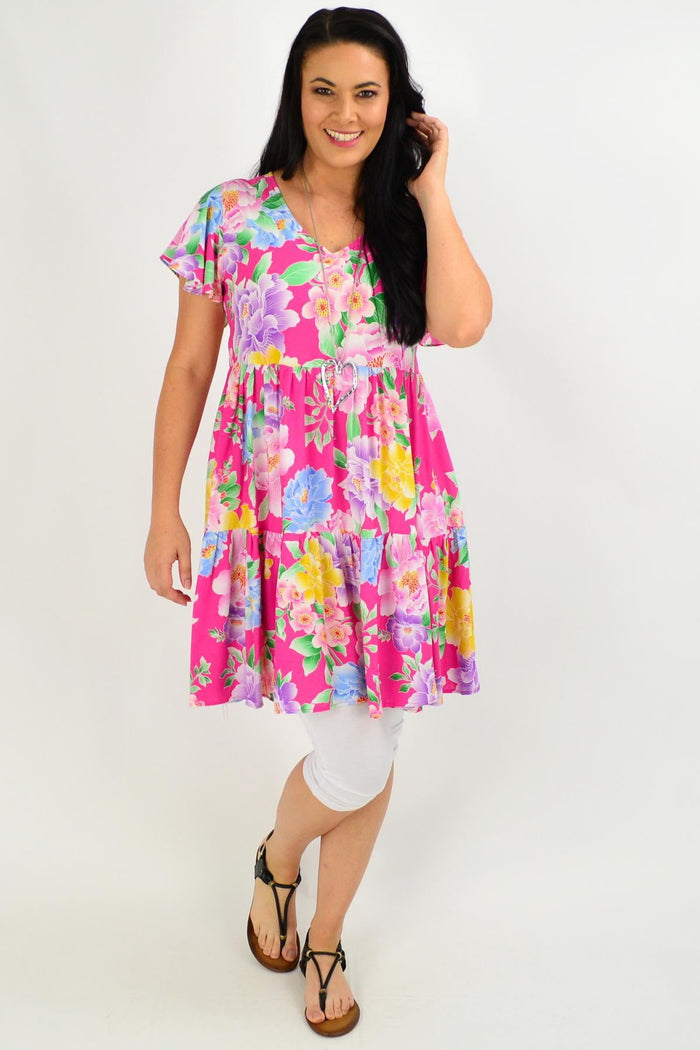 Pink Oriental Flower Garden Tunic Dress by Blue Soul featuring floral patterns and a relaxed fit, perfect for casual wear.