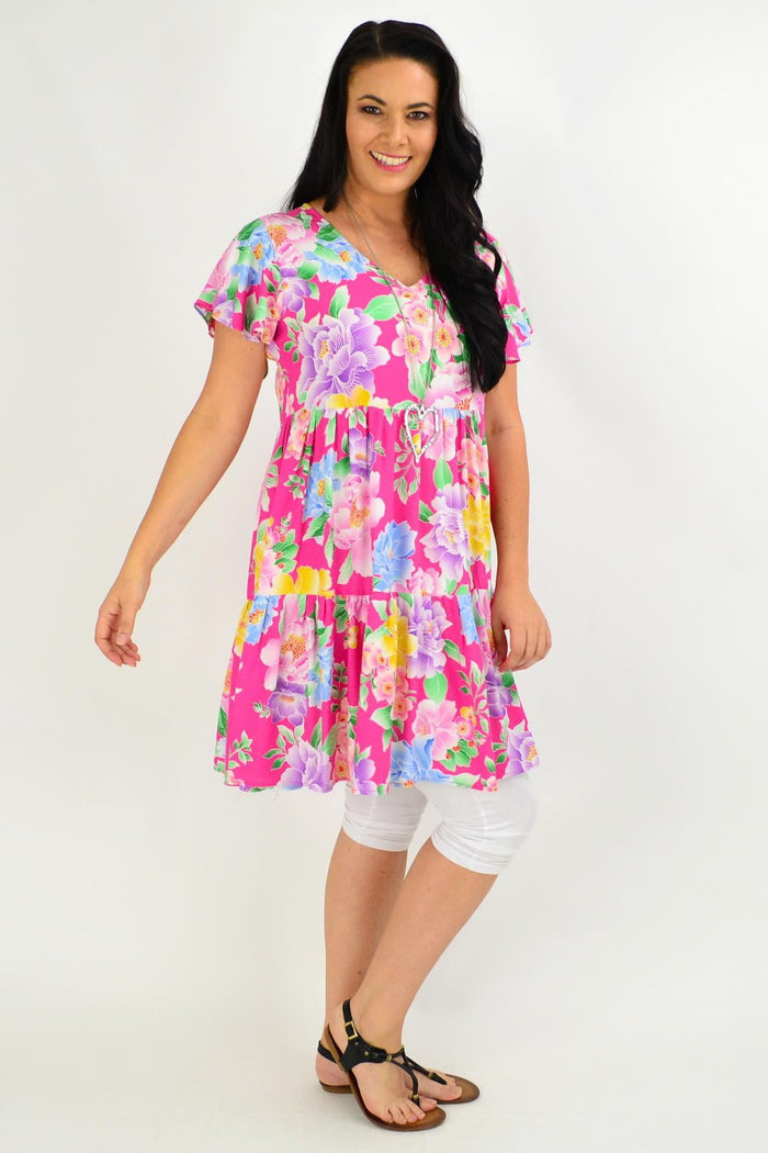 Pink floral tunic dress from Blue Soul, featuring an oriental flower garden design, perfect for casual or elegant wear.