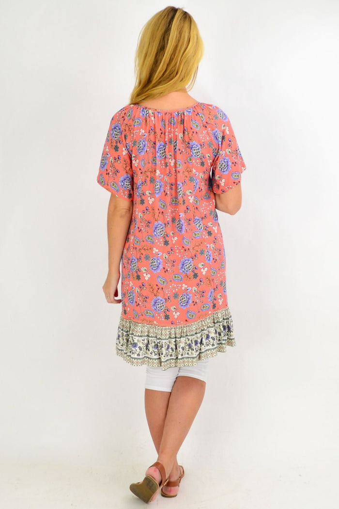 Pink paisley flowy tunic dress by New U Collection featuring a relaxed fit and floral print, perfect for casual wear.