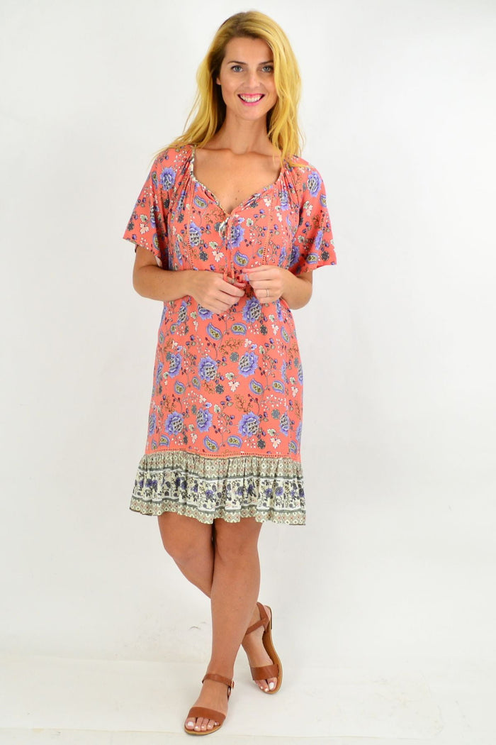 Pink Paisley Flowy Tunic Dress by New U Collection, featuring a relaxed fit, vibrant paisley pattern, and lightweight fabric.