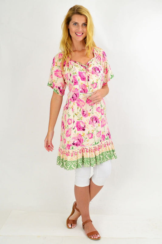 Pink rose flowy tunic dress from New U Collection, lightweight and relaxed fit, with floral pattern and soft fabric.