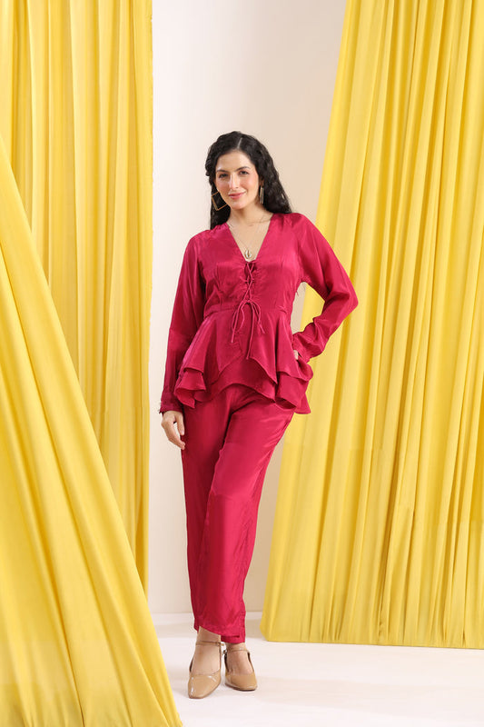 Pink Solid Layered Peplum Tie-Up Co-ord Set