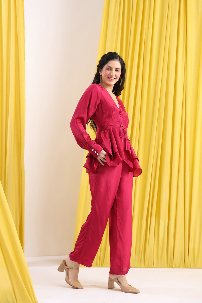 Pink Solid Layered Peplum Tie-Up Co-ord Set