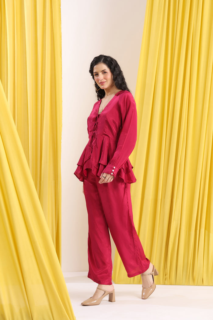 Pink Solid Layered Peplum Tie-Up Co-ord Set