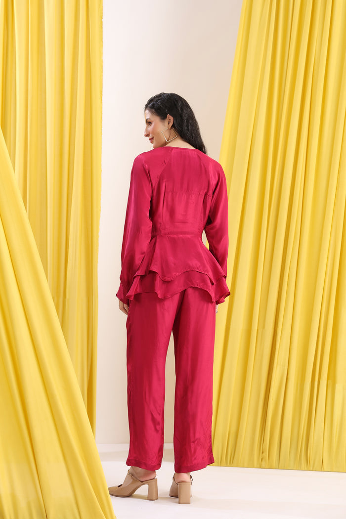 Pink Solid Layered Peplum Tie-Up Co-ord Set