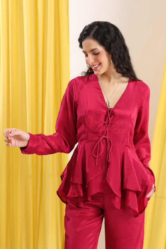 Pink Solid Layered Peplum Tie-Up Co-ord Set