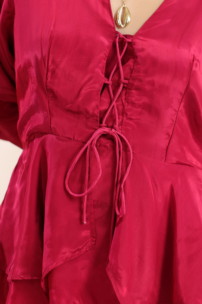 Pink Solid Layered Peplum Tie-Up Co-ord Set