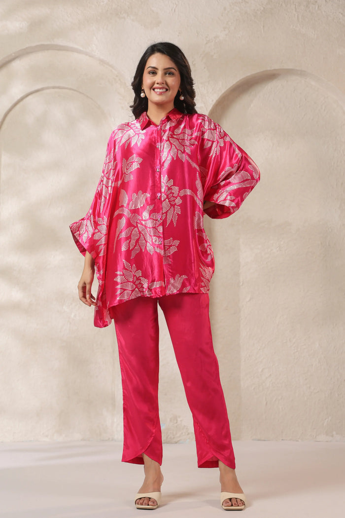 Pink Tropical Printed Russian Silk Co-ord Set