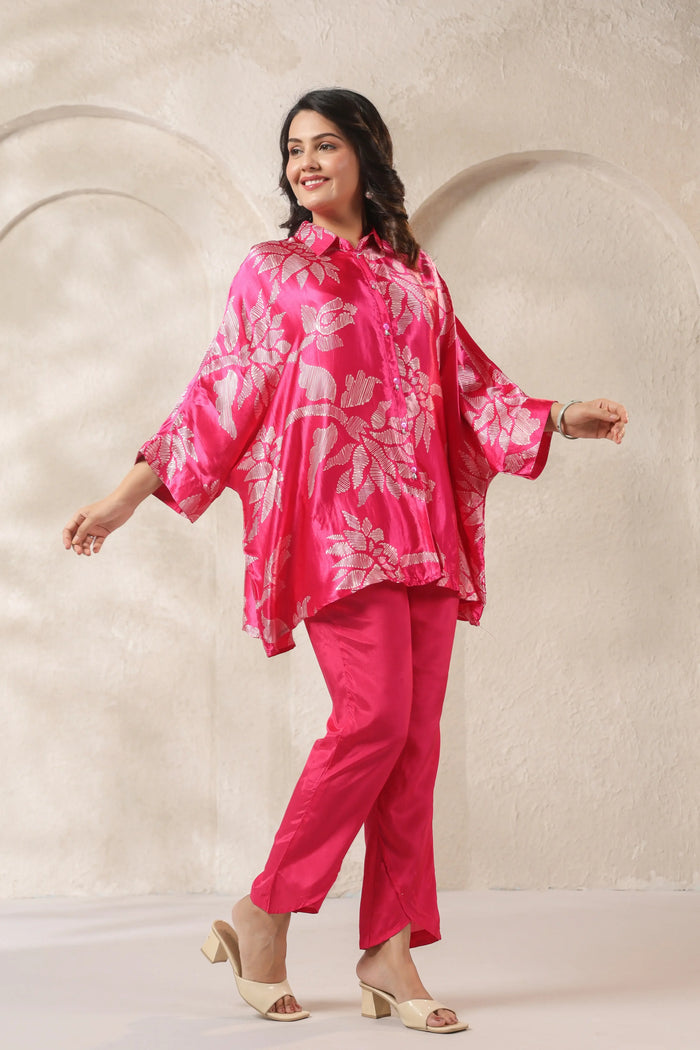 Pink Tropical Printed Russian Silk Co-ord Set