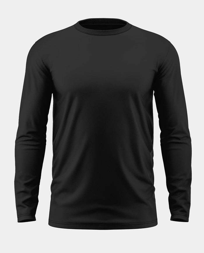 Men's plain black full sleeve t-shirt with crew neck on white background