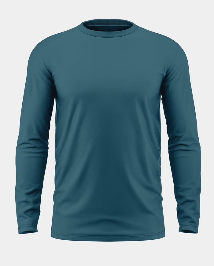 Men's blue full sleeve t-shirt, crew neck, plain design, casual wear on white background