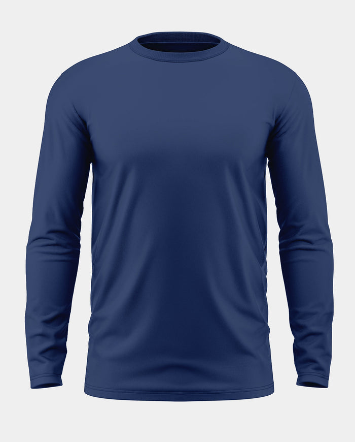 Men's navy blue full sleeve t-shirt with crew neck, plain design on white background