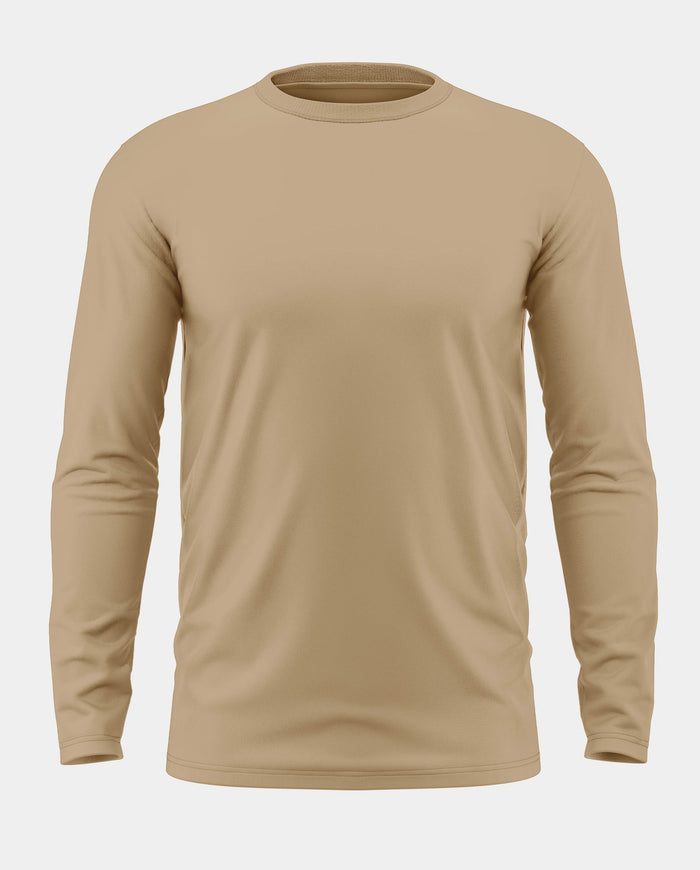 Men's beige full sleeve crew neck t-shirt on white background