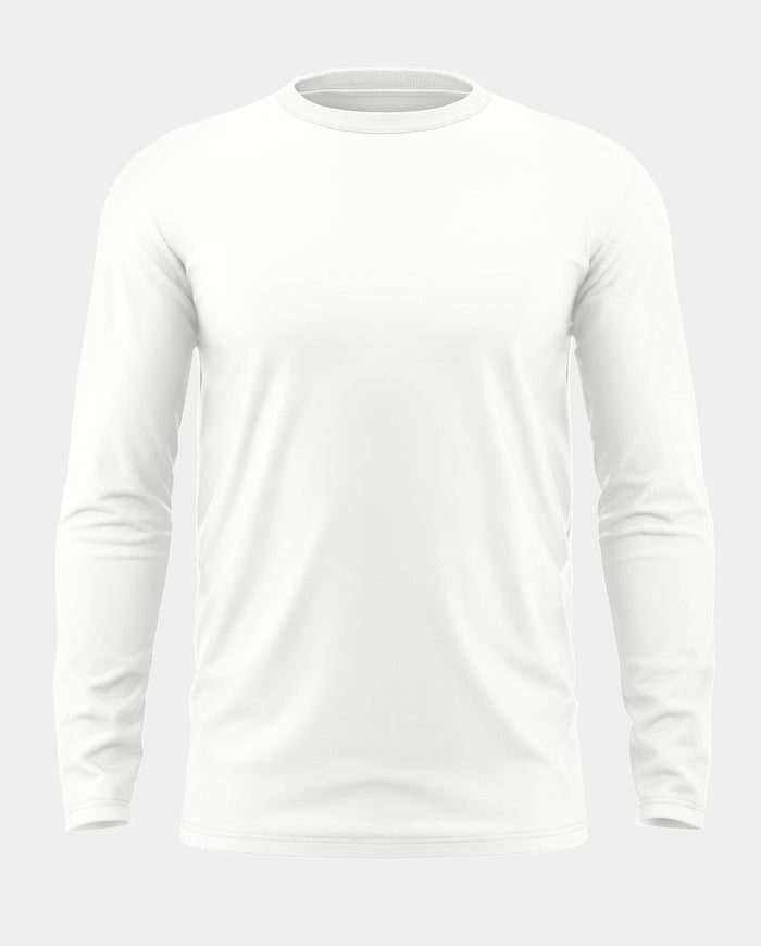 Men's plain white full sleeve t-shirt, crew neck, front view on white background