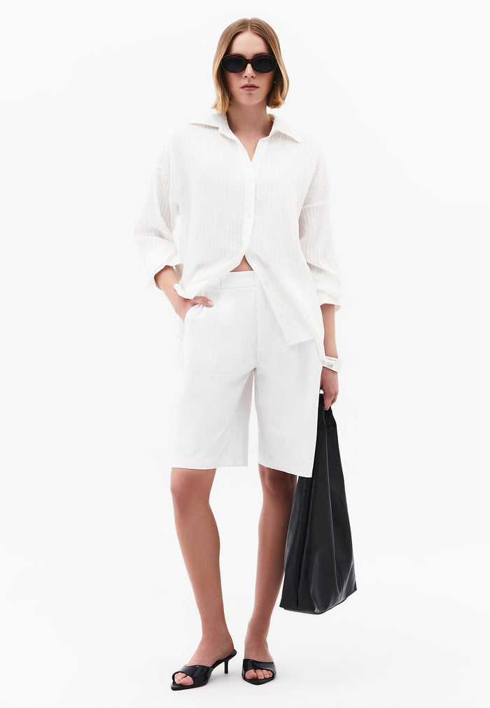 Pleated High Waist Midi Shorts - WHITE