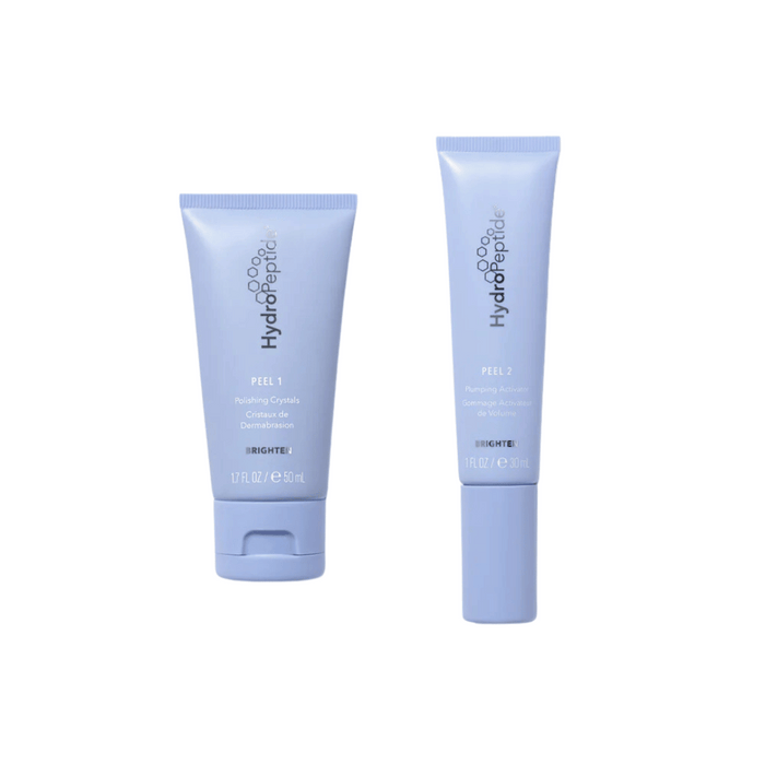Polish & Plump Face Peel Kit | HydroPeptide with two light blue tubes labeled Peel 1 Polishing Crystals and Peel 2 Plumping Activator for skincare and facial renewal.
