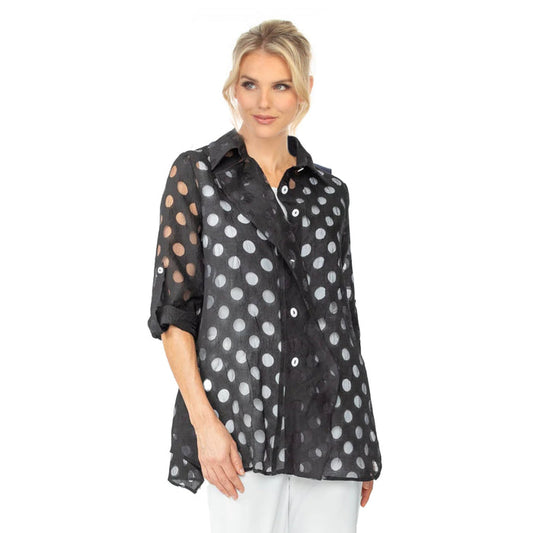 Polka-Dot Laser-Cut Relaxed Fit Blouse - 7024B-BLK