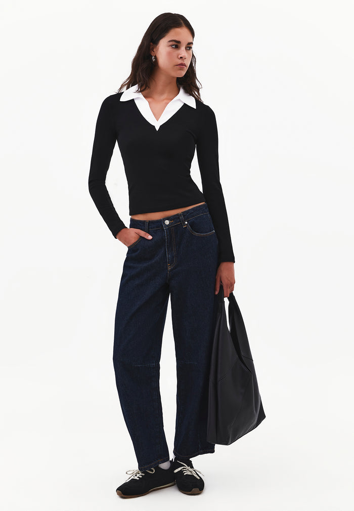 Polo Neck Long Sleeve Bodycon T-Shirt - Black