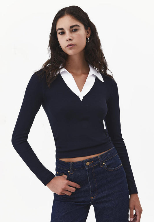 Polo Neck Long Sleeve Bodycon T-Shirt - Navy Blue