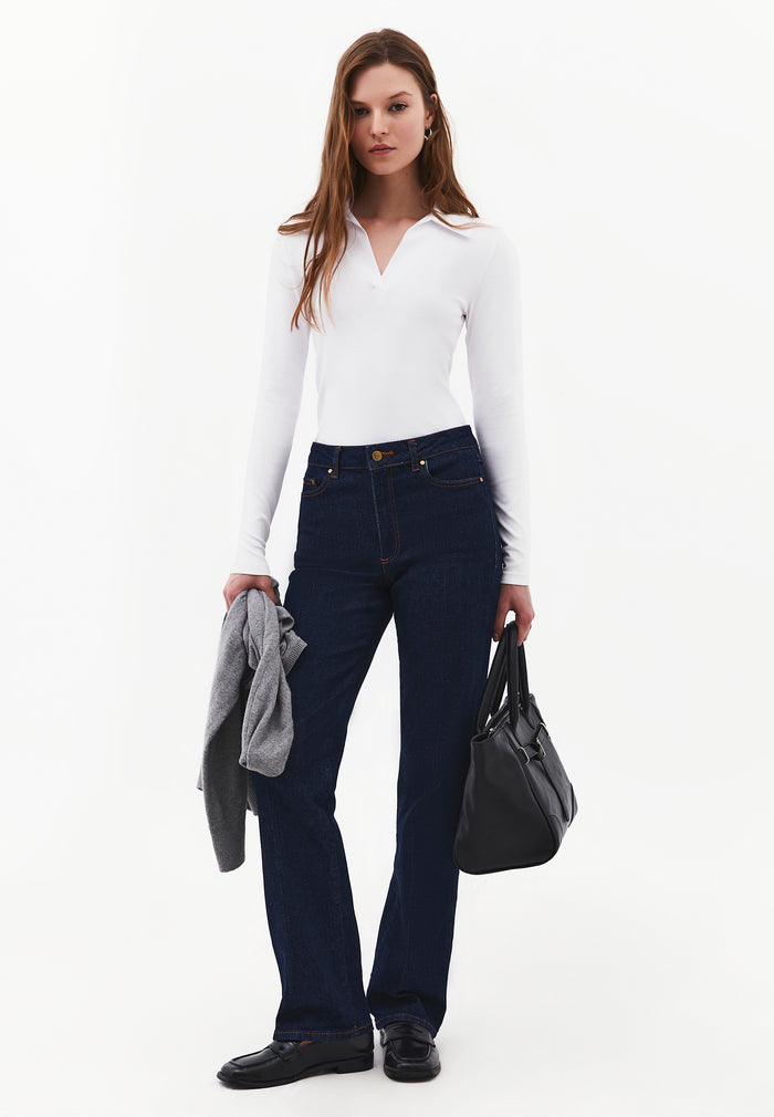 Polo Neck Long Sleeve Bodycon T-Shirt - White