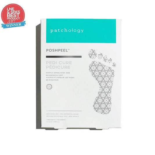 Packaging of PoshPeel™ Pedi Cure | Patchology skincare product featuring a foot illustration, highlighting gentle exfoliation and resurfacing benefits for feet.