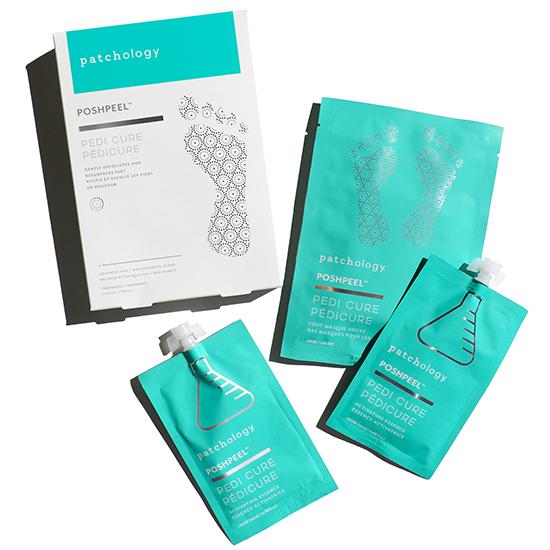 PoshPeel™ Pedi Cure | Patchology foot skincare set with aqua blue moisturizing patches and exfoliating treatment packets designed for a spa-quality pedicure experience.