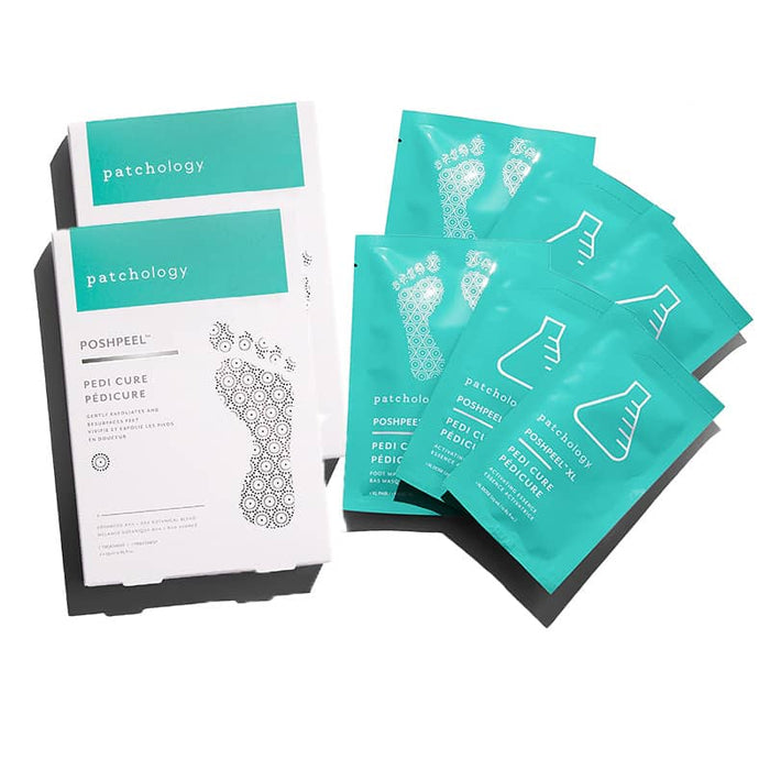 Box and individual teal packets of PoshPeel™ Pedi Cure | Patchology displayed on a white background, showcasing skincare treatment for feet in a clean, modern design.