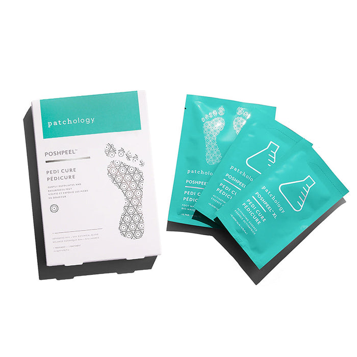 PoshPeel™ Pedi Cure | Patchology foot mask treatment kit with individual teal packets designed for exfoliating and renewing skin, promoting smooth and healthy feet.