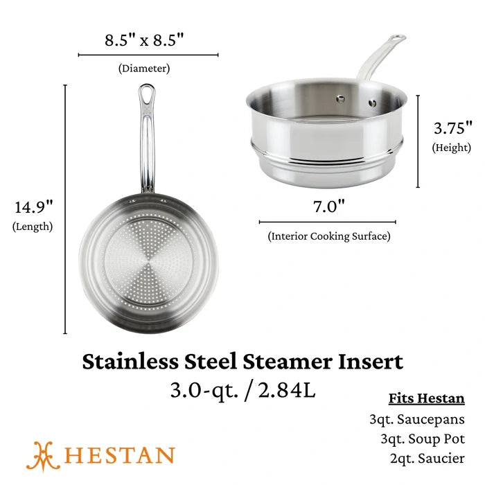 Stainless steel steamer insert with dimensions and Hestan branding