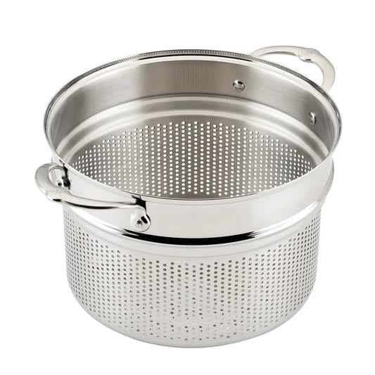 Stainless steel colander on a white background