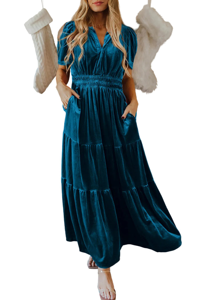 Prussian Blue Velvet Short Sleeve Shirred Waist Tiered Maxi Dress - PRUSSIAN BLUE / S / 95% POLYESTER + 5% ELASTANE