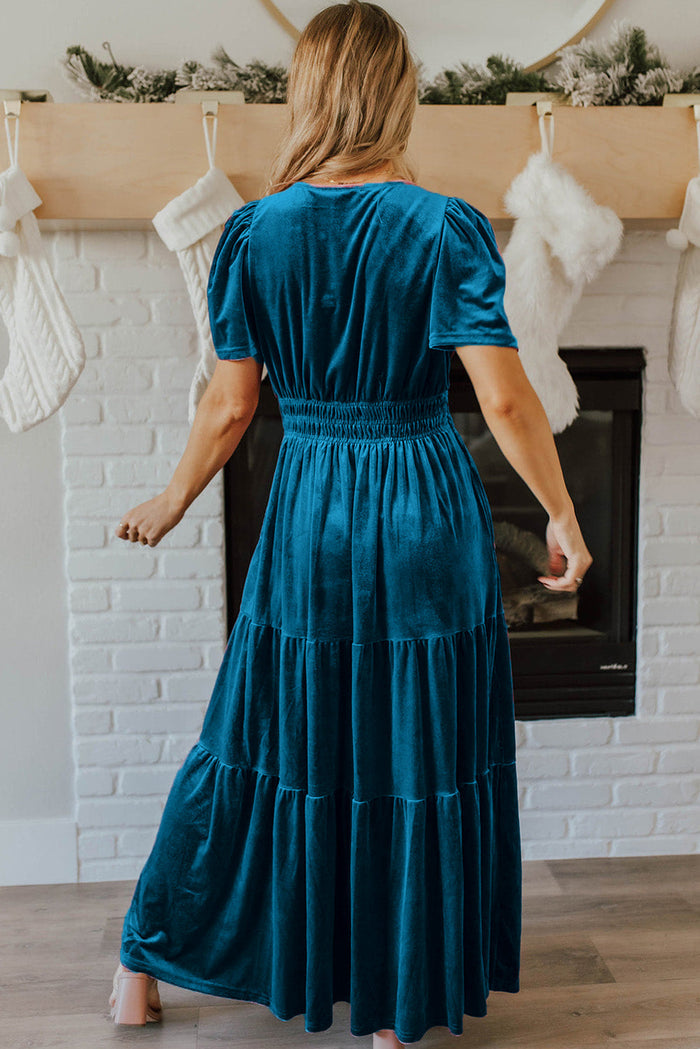 Prussian Blue Velvet Short Sleeve Shirred Waist Tiered Maxi Dress - Dresses/Maxi Dresses