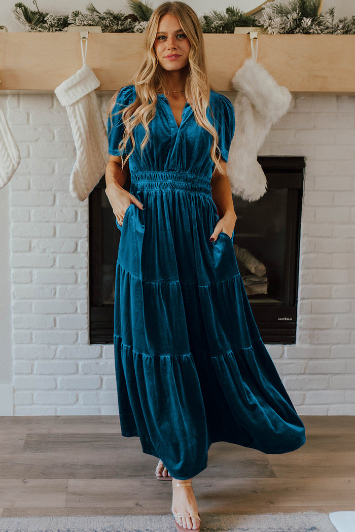 Prussian Blue Velvet Short Sleeve Shirred Waist Tiered Maxi Dress - Dresses/Maxi Dresses