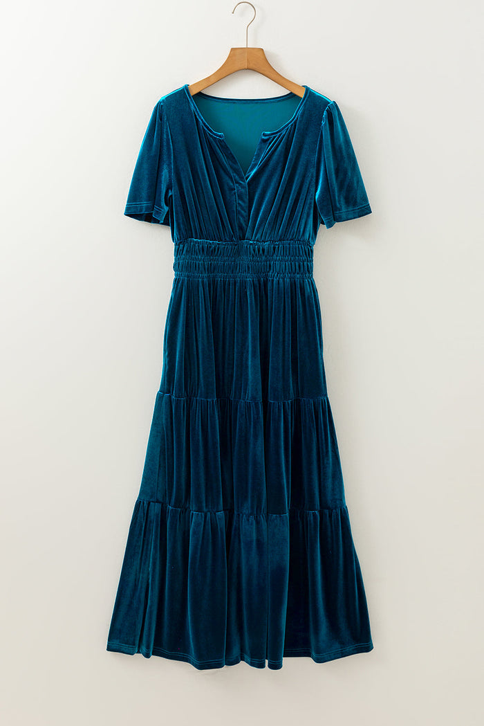 Prussian Blue Velvet Short Sleeve Shirred Waist Tiered Maxi Dress - Dresses/Maxi Dresses