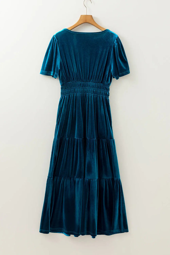 Prussian Blue Velvet Short Sleeve Shirred Waist Tiered Maxi Dress - Dresses/Maxi Dresses