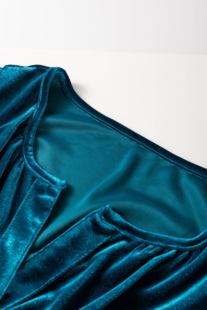 Prussian Blue Velvet Short Sleeve Shirred Waist Tiered Maxi Dress - Dresses/Maxi Dresses