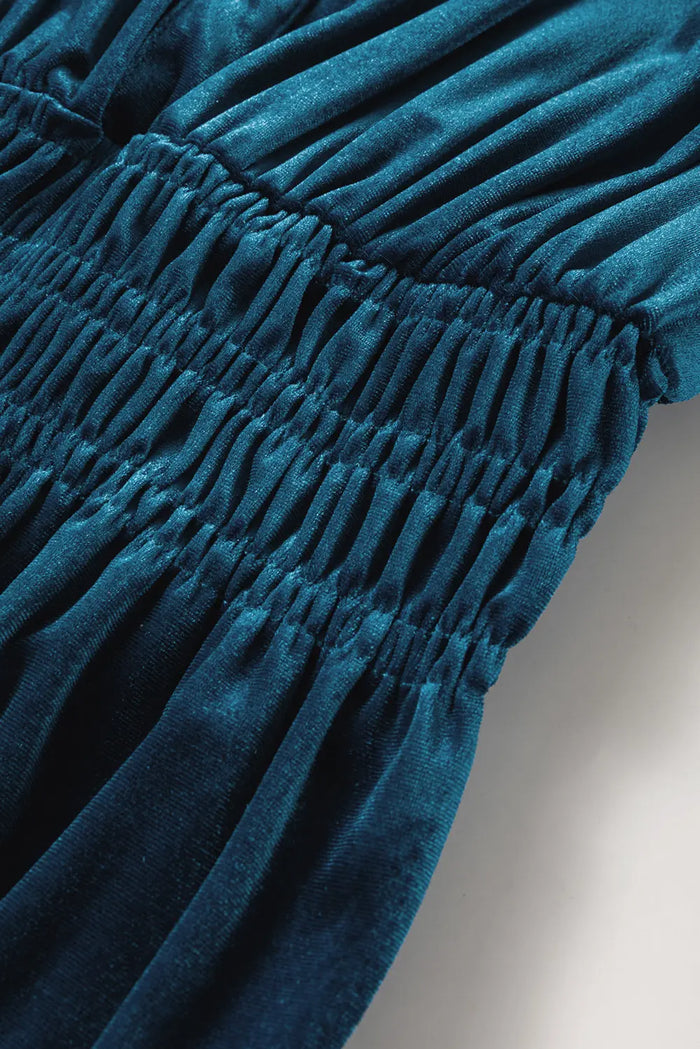 Prussian Blue Velvet Short Sleeve Shirred Waist Tiered Maxi Dress - Dresses/Maxi Dresses