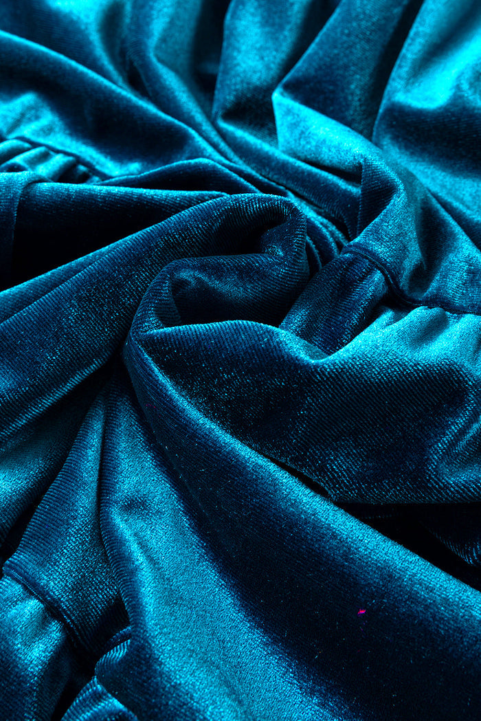 Prussian Blue Velvet Short Sleeve Shirred Waist Tiered Maxi Dress - Dresses/Maxi Dresses