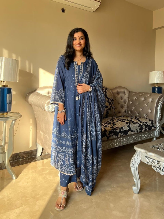 Ramaya Bandhej Flared Set- Blue