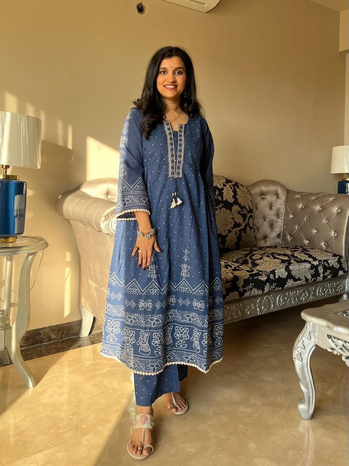 Ramaya Bandhej Flared Set- Blue