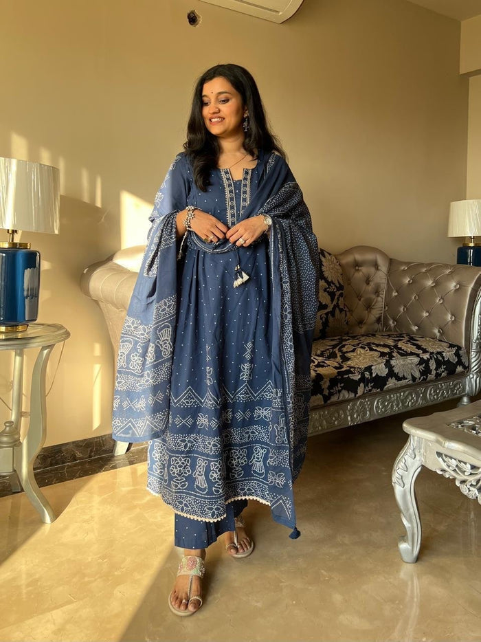 Ramaya Bandhej Flared Set- Blue