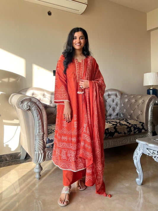 Ramaya Bandhej Flared Set- Orange
