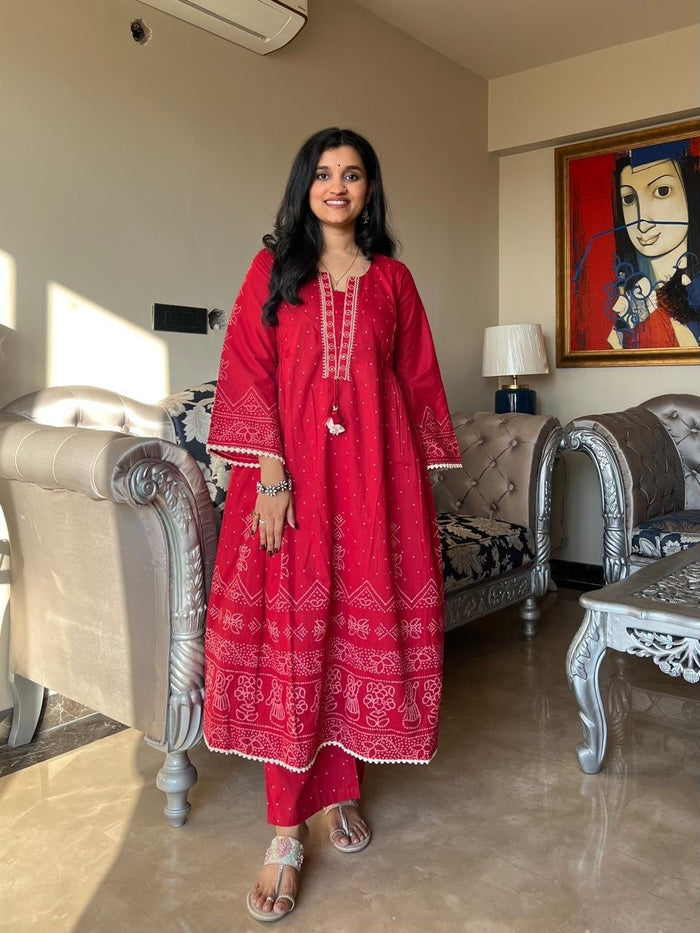 Ramaya Bandhej Flared Set- Red
