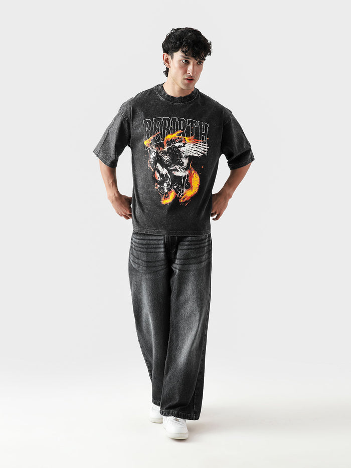 REBIRTH acid washed oversized tee male model full body front view Pakistan – GROOVY