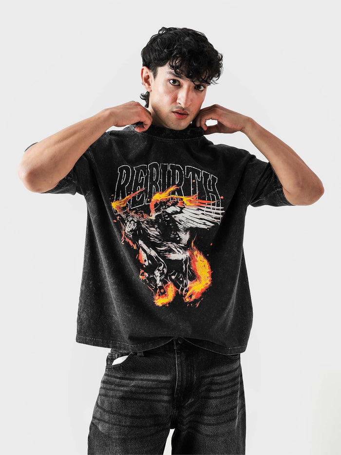 REBIRTH acid washed tee male model seated lifestyle shot Pakistan – GROOVY
