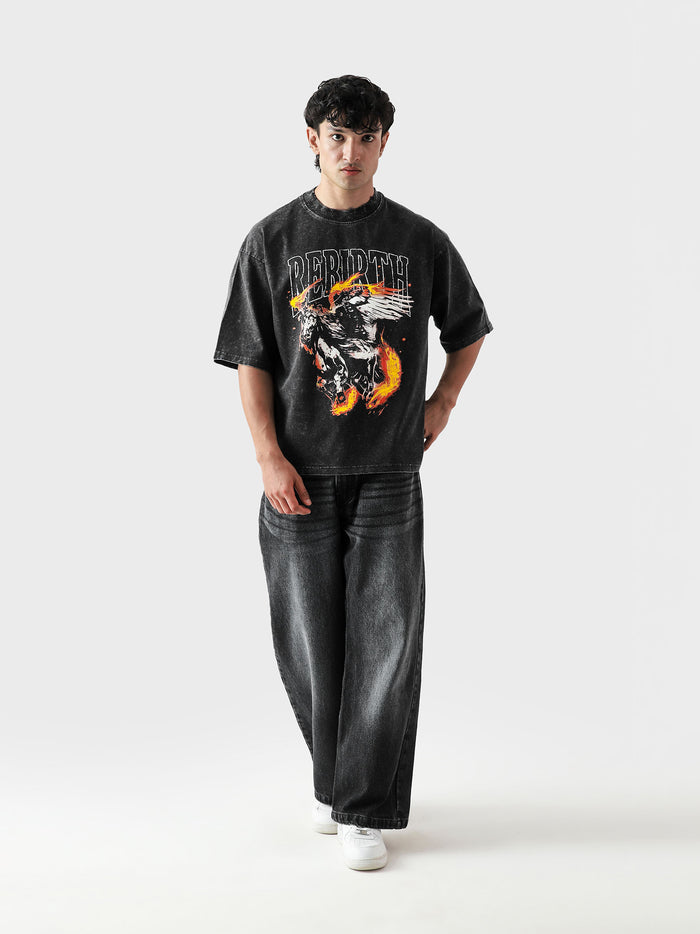 REBIRTH tee male model back view mineral wash horse graphic oversized Pakistan – GROOVY