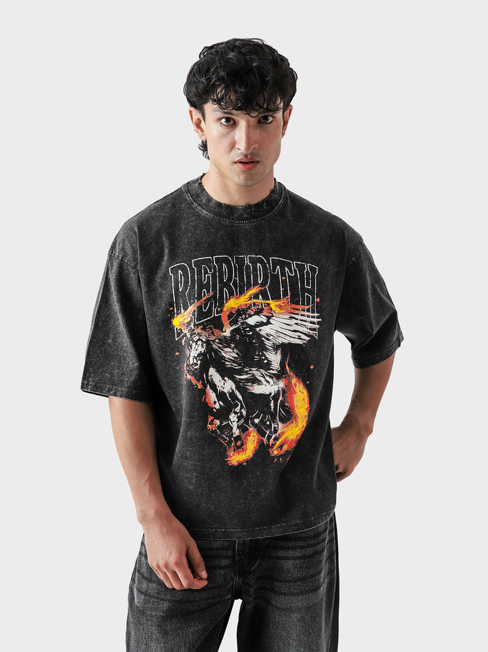 REBIRTH tee female model front view acid washed oversized graphic Pakistan – GROOVY