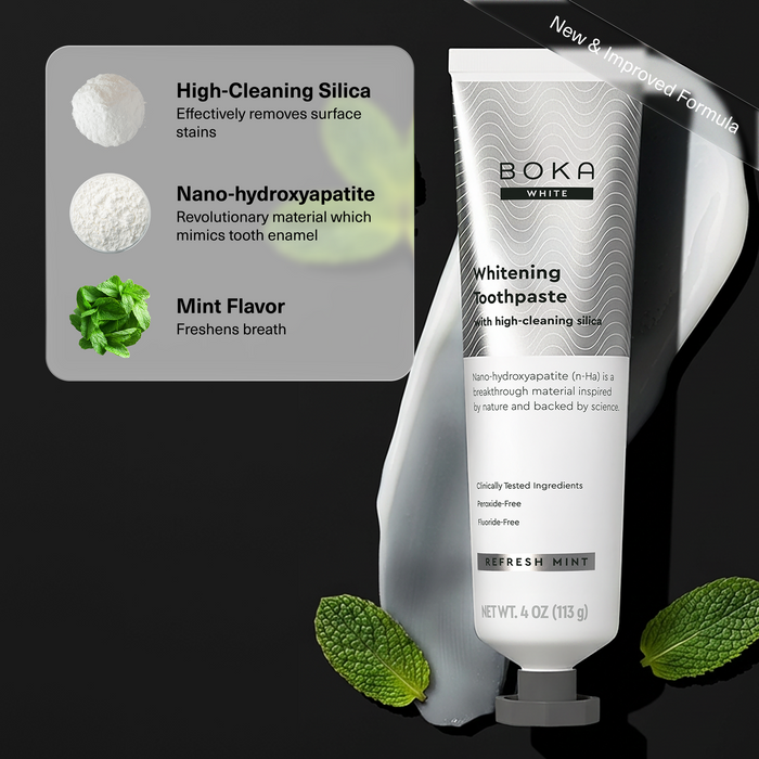 Boka White Whitening Toothpaste tube shown on a dark background with a graphic callout listing features: high-cleaning silica, nano-hydroxyapatite, and mint flavor. Fresh mint leaves are placed near the tube.
