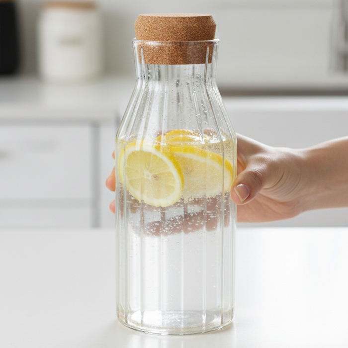 Ribbed glass cork bottle  clear storage jar for water juice and kitchen display