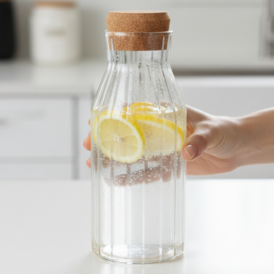 Ribbed glass cork bottle  clear storage jar for water juice and kitchen display